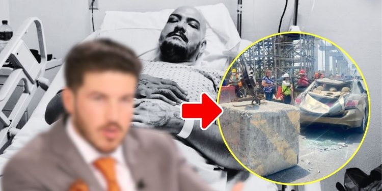 Blurred Man in a Suit in the Foreground; a Hospital Patient Lies in Bed Behind, with a Circular Inset Showing a Car Crash Scene at a Construction Site with Workers. | Nl Urbano