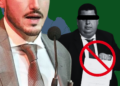 Two Men in Suits on a Green Background; One Speaks into a Microphone While the Other Has a Black Bar over His Eyes and a Red 'no' Symbol over a Document, Signaling Corruption or Secrecy. | Nl Urbano