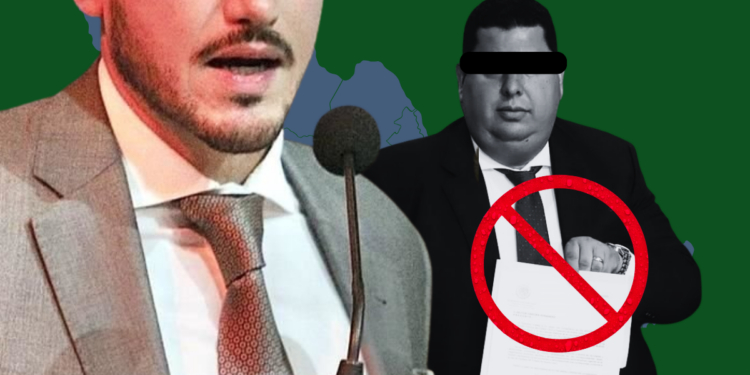 Two Men in Suits on a Green Background; One Speaks into a Microphone While the Other Has a Black Bar over His Eyes and a Red 'no' Symbol over a Document, Signaling Corruption or Secrecy. | Nl Urbano