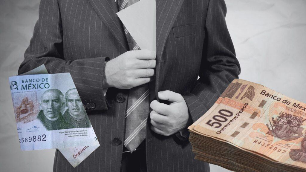 Businessman in a Pinstripe Suit Grips a Stack of Mexican Pesos, with Blue Banco De México Notes on the Left and a Large Pile of 500-peso Bills on the Right | Nl Urbano